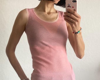 Vintage Pastel Pink Mesh Tank Top from 1970s– Size S/M