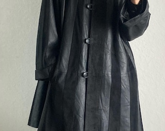 Vintage Black Leather Coat – Suede Leather Stripes - Size M