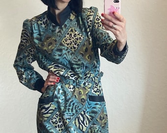 Vintage Grünes Animal Print Jersey Kleid 1980er Jahre