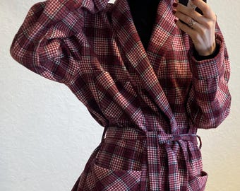 Vintage Lord Albert Plaid Smoking Jacket – 1980s Wool Blend, Mens Size M