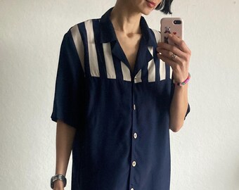 Vintage Oversized Navy Blue and White Stripes Viscose Blouse from 1980s - Size S/M
