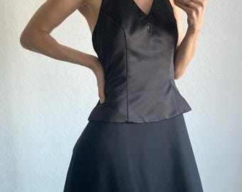 Vintage Long Black Halter Neck Dress Dress With Beads Embroidery - Size S/M