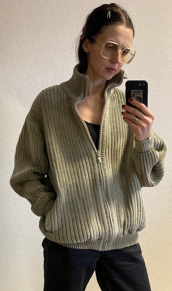 Vintage Light Pastel Green Grey Wool and Cotton Knit Bomber Vintage Light Pastel Green Grey Wool and Cotton Knit Bomber