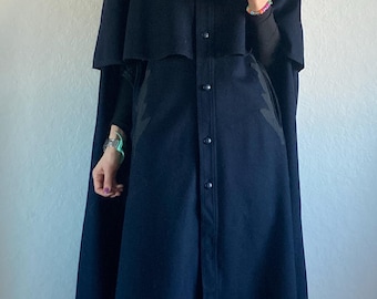 Vintage Dark Navy Blue Long Double Layered Wool Cape (Size S-L)