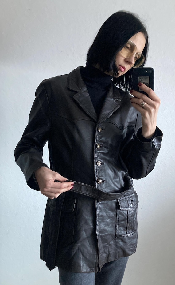 Vintage Chocolate Brown Leather Belted Jacket - 1990s Casa Das