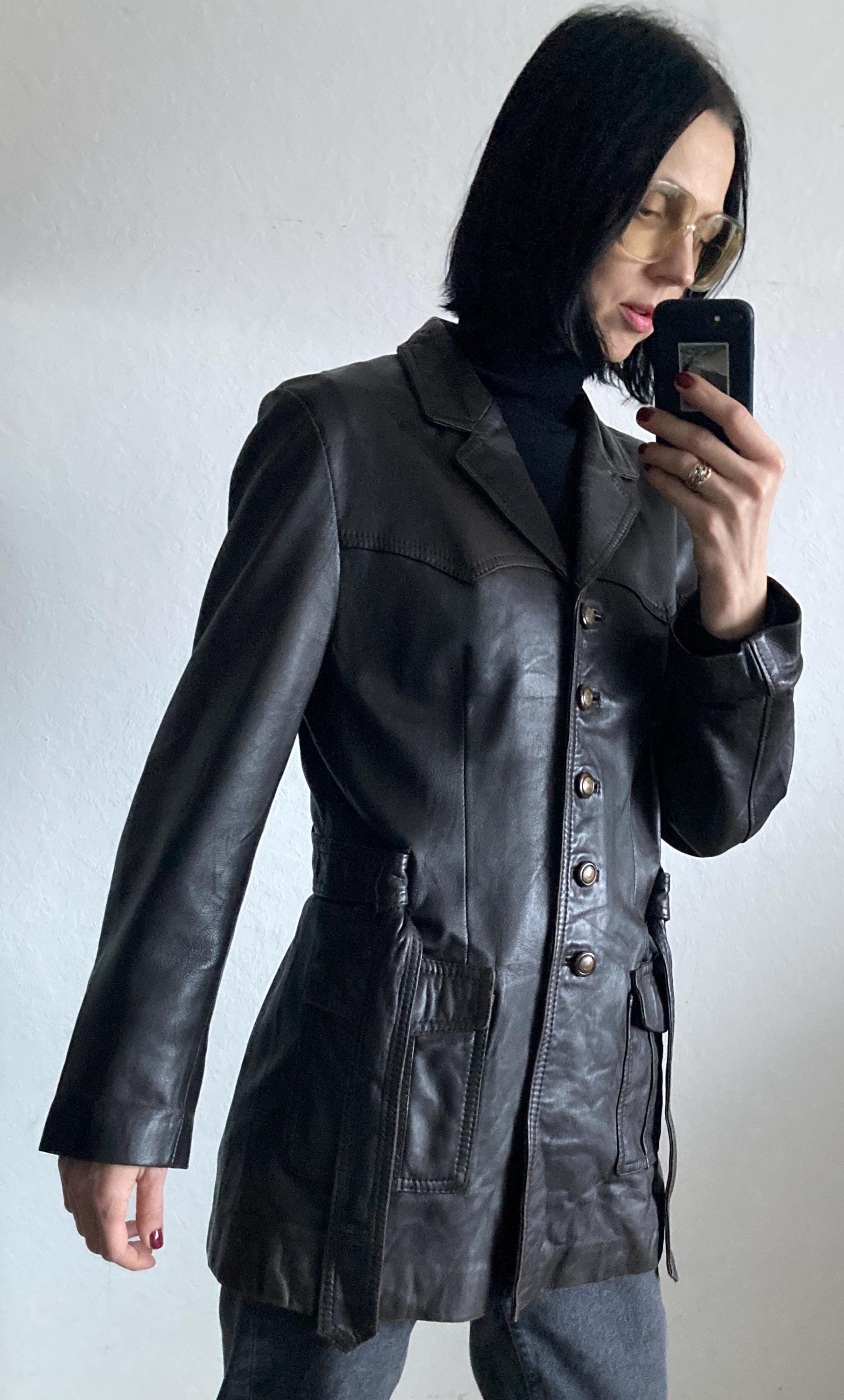 Vintage Chocolate Brown Leather Belted Jacket - 1990s Casa Das