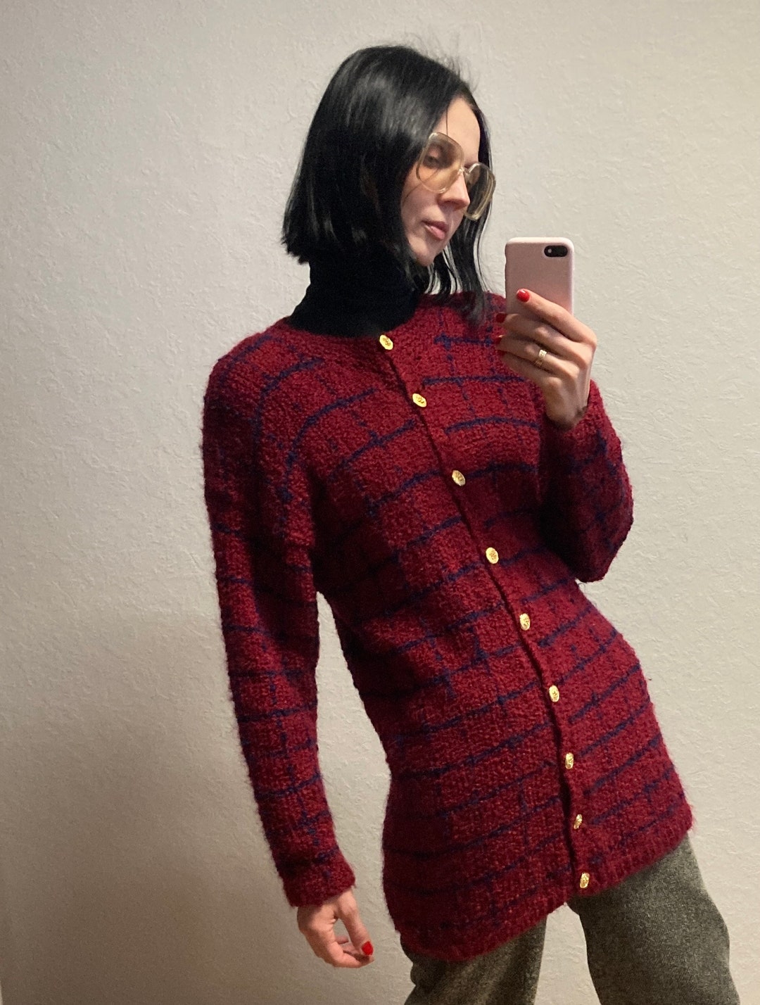 Vintage red 80's long sweater cardigan S le chois