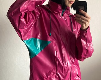 Vintage Helly Hansen Athletic Rain Coat / Jacket with Hood from 1990s Colour block Pink and Green Size M