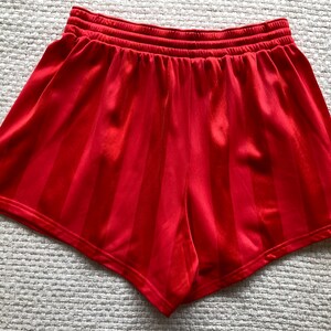 以下が含まれることがあります： 縦縞の赤い運動用ショートパンツ。ショートパンツはゴム製のウエストバンドとドローストリングが付いています。