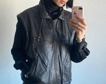 Vintage Sleeveless Black Leather Bomber Vest - Size S/M