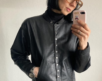 Vintage Black Cropped Leather Jacket With Floral Pattern Lining - Size S