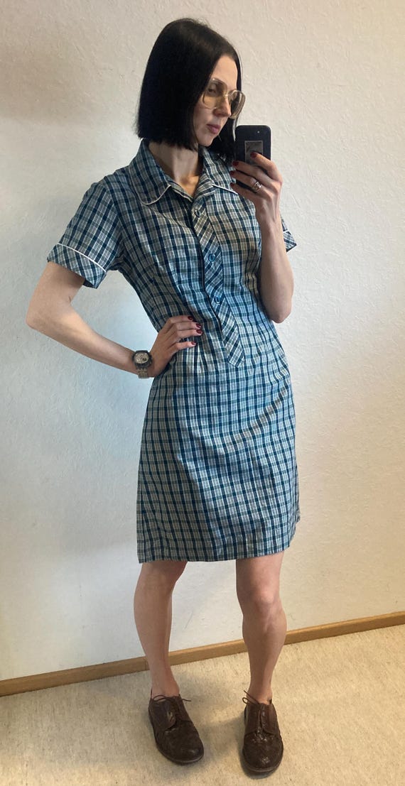 blue plaid dress vintage 40s Plaid Puff Sleeve Gown | XS-S