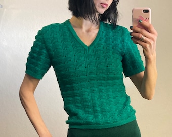 Green Short Sleeve V-neck Pullover 1980s Knitwear