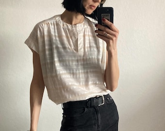 Vintage Embroidered Sleeveless Blouse: 1980s Beige & White