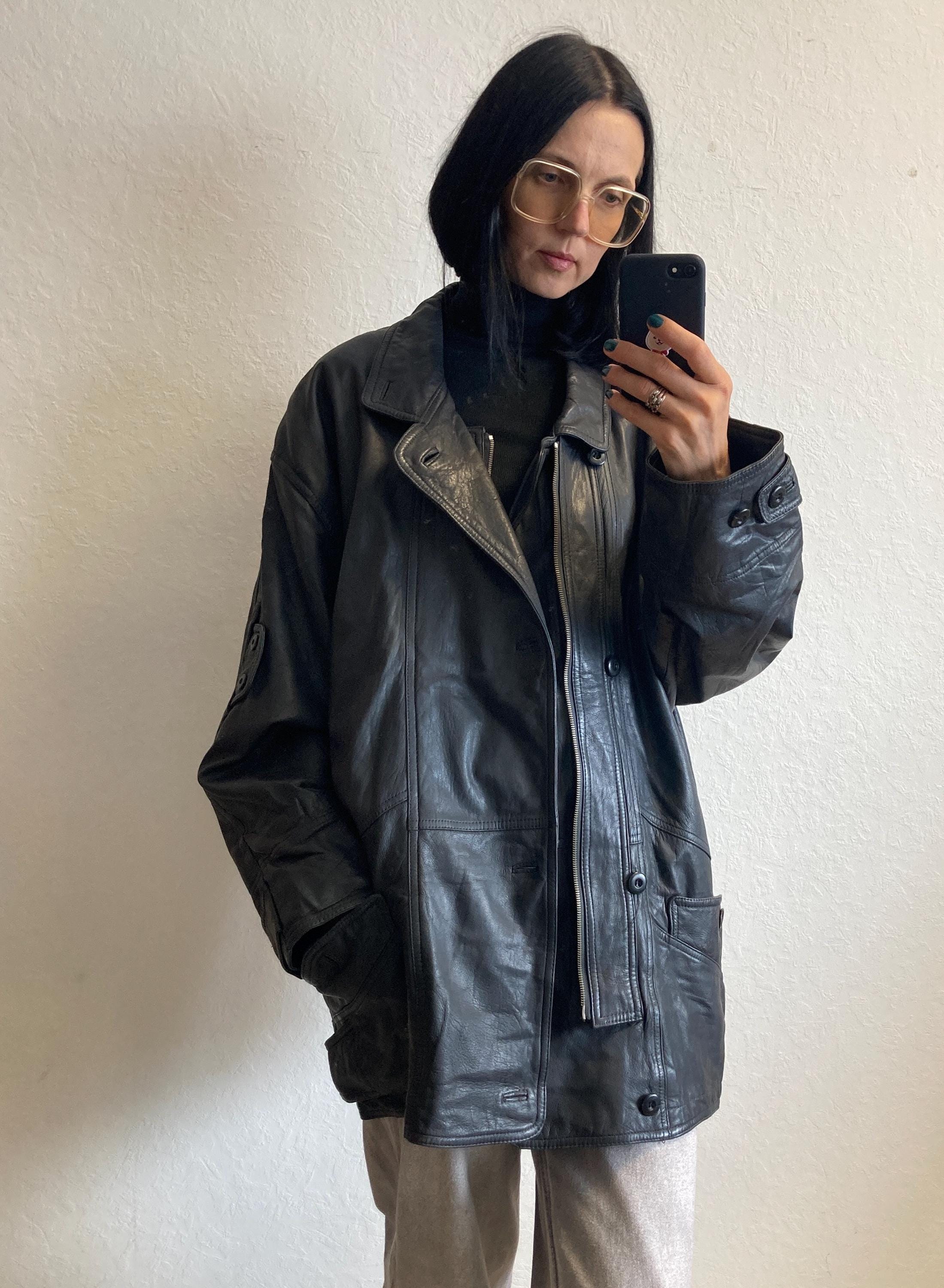 Vintage Oversized Long Black Leather Jacket From 1980s by Bergerie