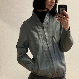 Blouson aviateur unisexe vintage en cuir gris des années 1980 taille S