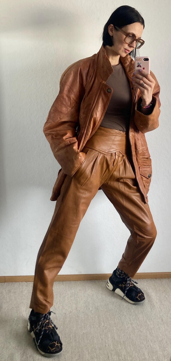 Vintage Natural Tan Colour Brown Leather Pants -  Size XS/S