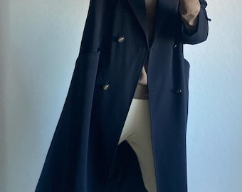 Vintage Long Dark Navy Blue Fine Wool Light Trench Coat - Size S/M