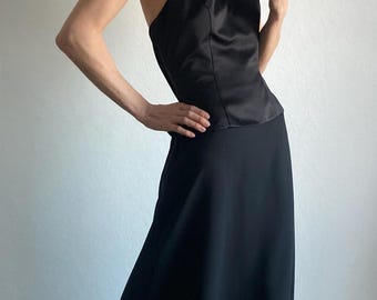Vintage Long Black Halter Neck Dress Dress With Beads Embroidery - Size S/M