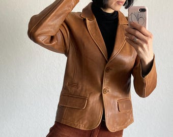 Vintage Light Brown Natural Tan Leather Blazer Jacket - Size M/L