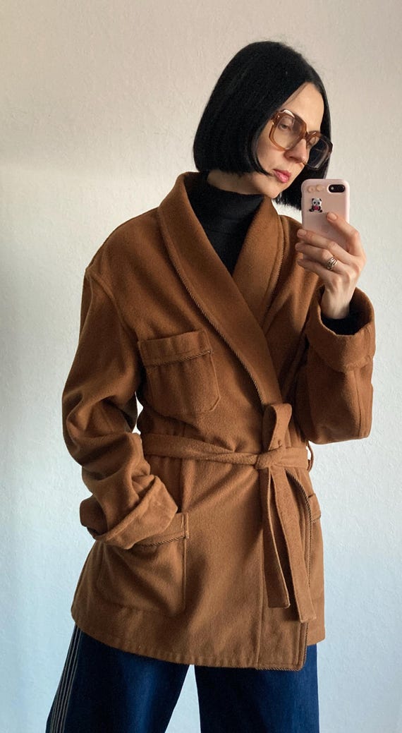 Vintage Brown Wool Smoking Jacket – Short Coat – Size M/L