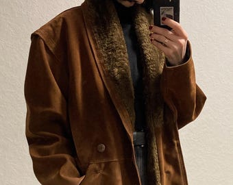Vintage 1980s Brown Faux Suede Jacket with Faux Fur Lining - Size M