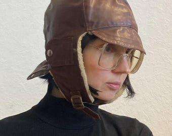 Vintage Brown Faux Shearling Leather Aviator Hat from 1970s Size XS Size 55