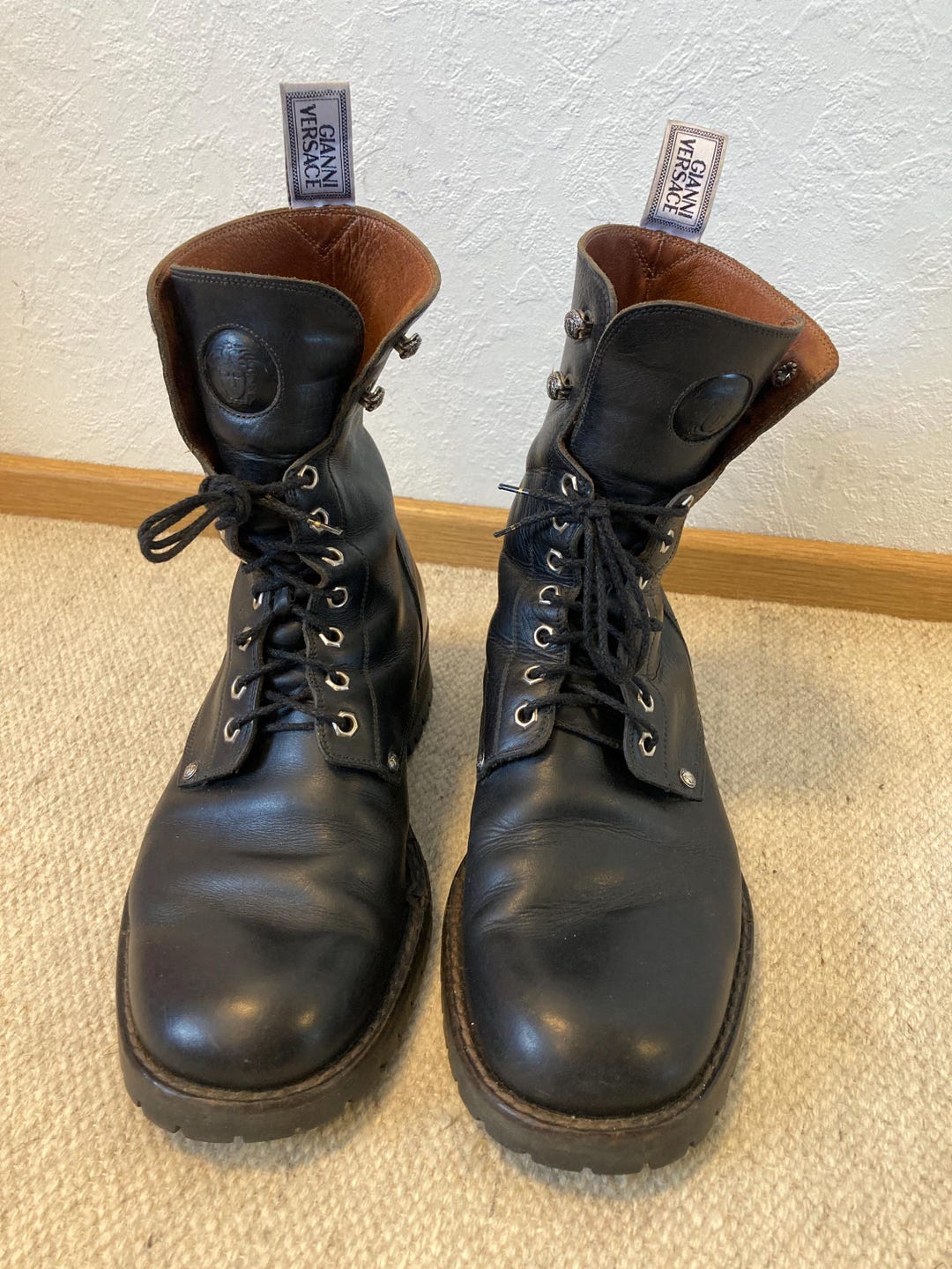 Vintage Gianni Versace Black Leather Lace up Boots With Medusa