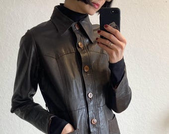 Vintage Dark Chocolate Brown Leather Jacket from 1970s Size S