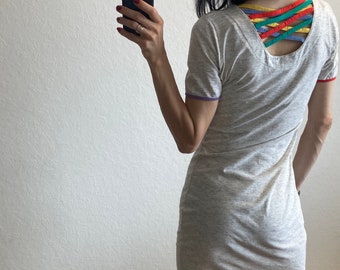 Vintage 90s Grey Cotton Mini Dress: Rainbow Straps, Fitted T-Shirt Style (XS/S)