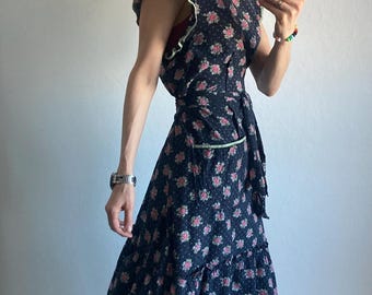 Vintage Black and Pink Floral Apron Dress – Size S/M