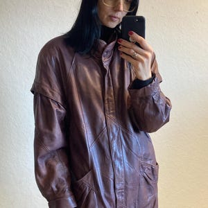 Vintage Oversized Long Burgundy Red Leather Jacket from 1980s - Soft and Lightweight - Size S Size M