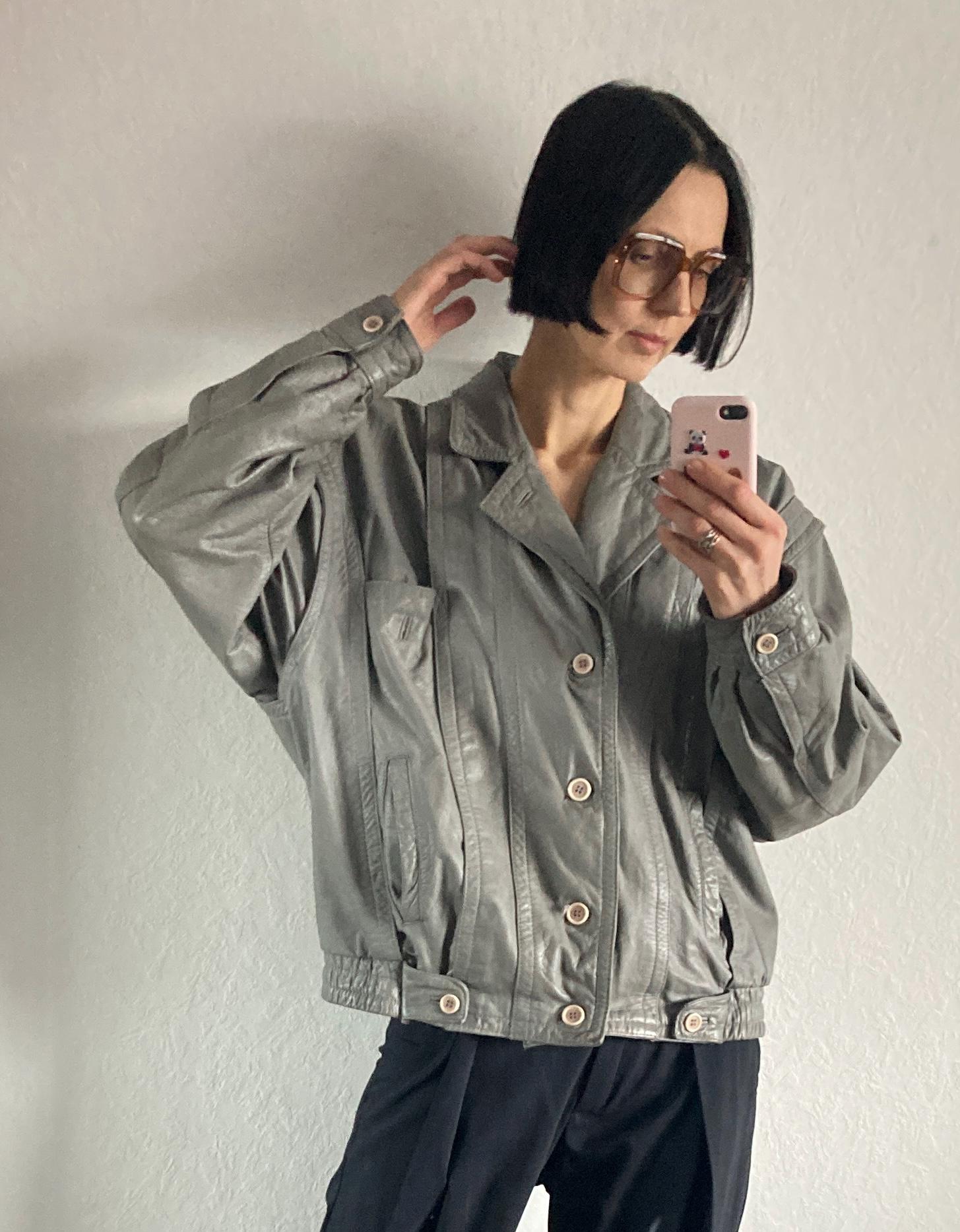 ジャケット・アウター 80s vintage leather bomber jacket y2k Vintage Grey Leather Bomber Jacket by Martinelli From 1980s - Size