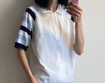 Vintage White and Blue Stripes Fine Knit Polo Shirt 1970s 1980s Mens size M