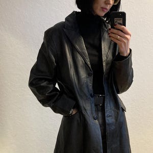 Vintage Black Leather Jacket / Trench Coat / Long Blazer From