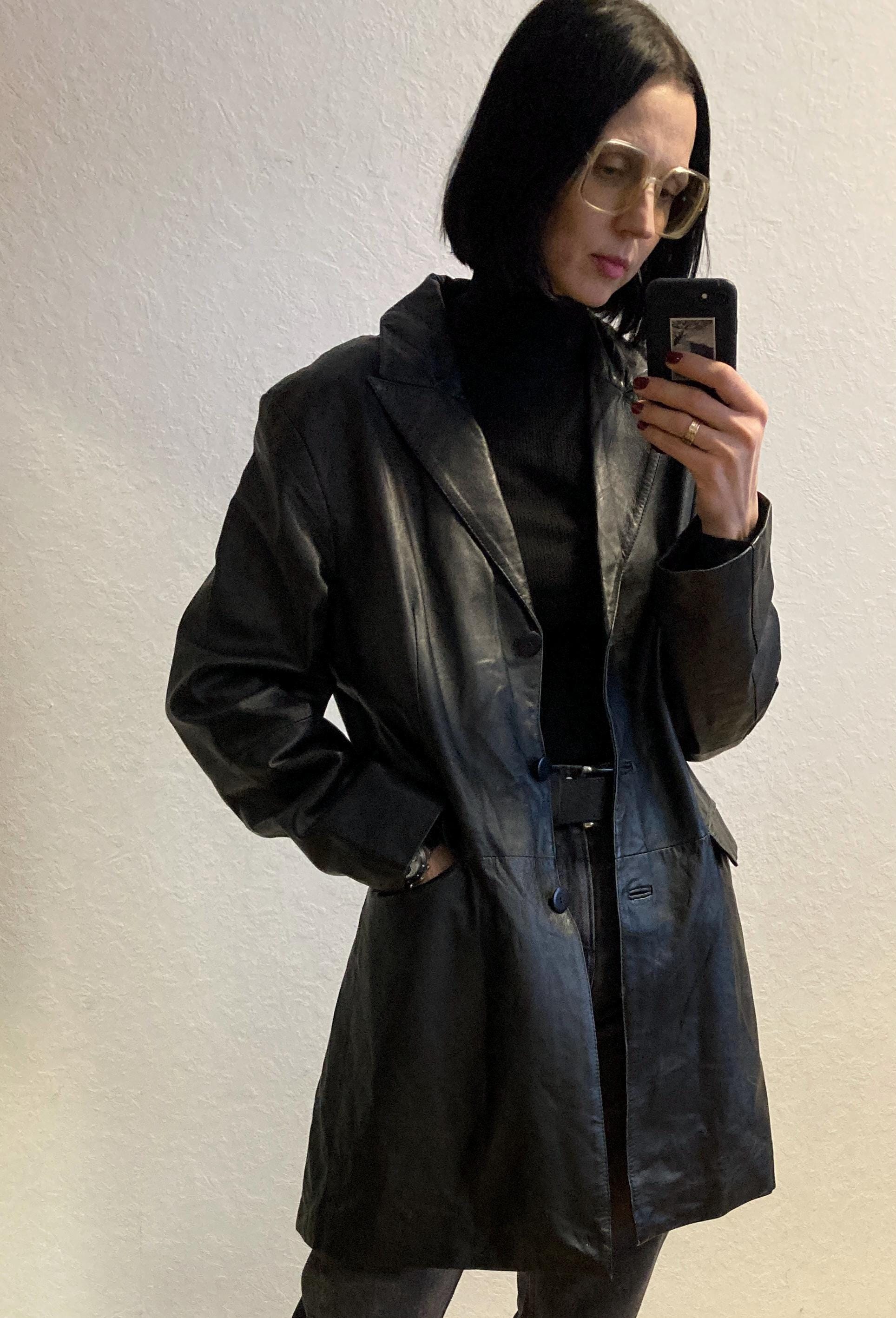 Long Vintage Black Leather Coat - Etsy Long Vintage Black Leather Coat - Etsy