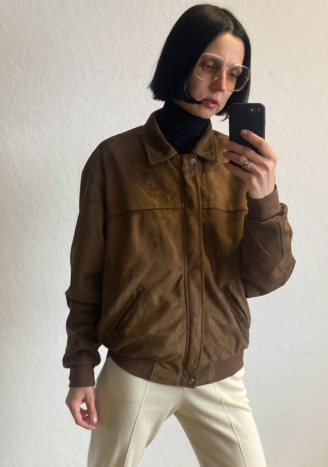 Vintage 80s Faux Suede Bomber Jacket: Oversized Brown Leather