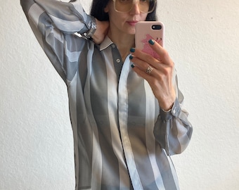 Vintage Desiree Grey and White Striped Colliersi Blouse Shirt 1970s 1980s Size S