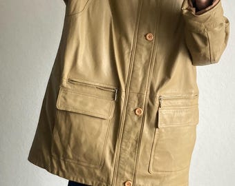 Vintage Butter Yellow Leather Coat Jacket - Size L/XL