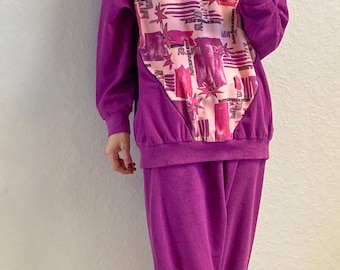 Vintage Linda Clifford-badstof trainingspak jaren 80: set geometrische pullover en joggingbroek (maat S/M)