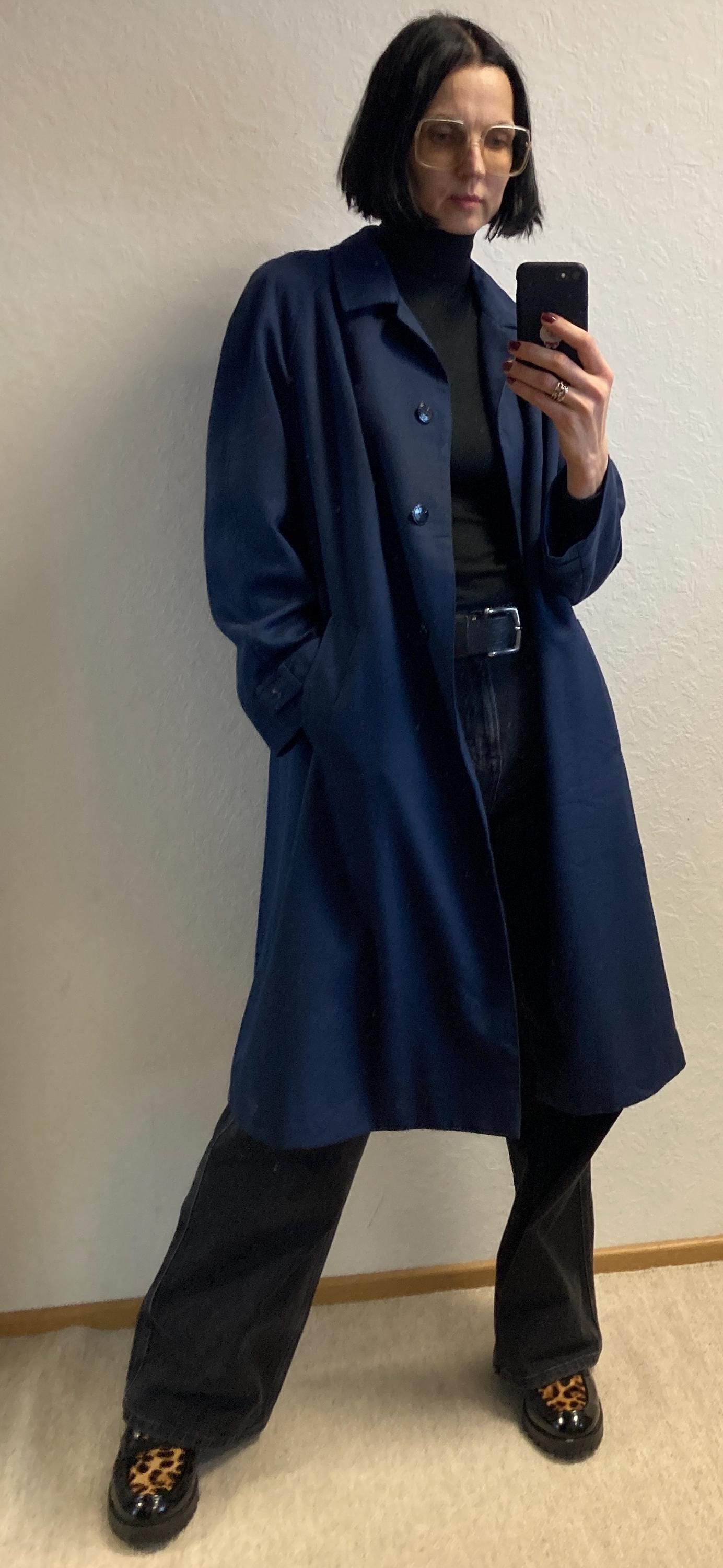 80sヴィンテージ【アメリカ古着❗️】超美品！ウール　ロングコートネイビー紺色 1980年代のヴィンテージ クロード ハーヴェイ ネイビーブルー トレンチ