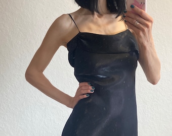 Vintage 90er Jahre Schwarzes Unterkleid: Metallic Glanz Abendkleid, Größe S