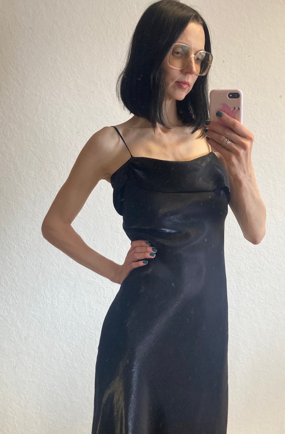 Vintage 90s Black Slip Dress: Metallic Shine Evening Gown, Size S
