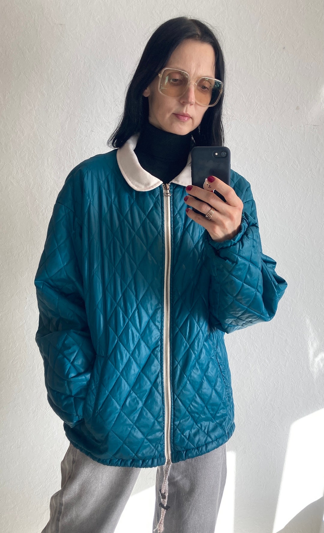 Vintage Oversized Unisex Quilted Bomber Jacket by Mito in Cyan Blue ...