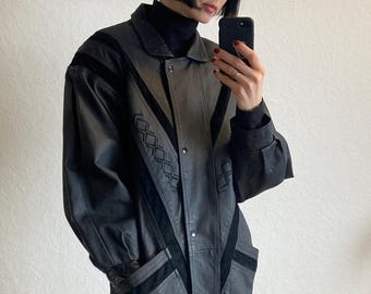 Vintage Black Oversized Leather Coat Jacket from 1980s Size S Size M