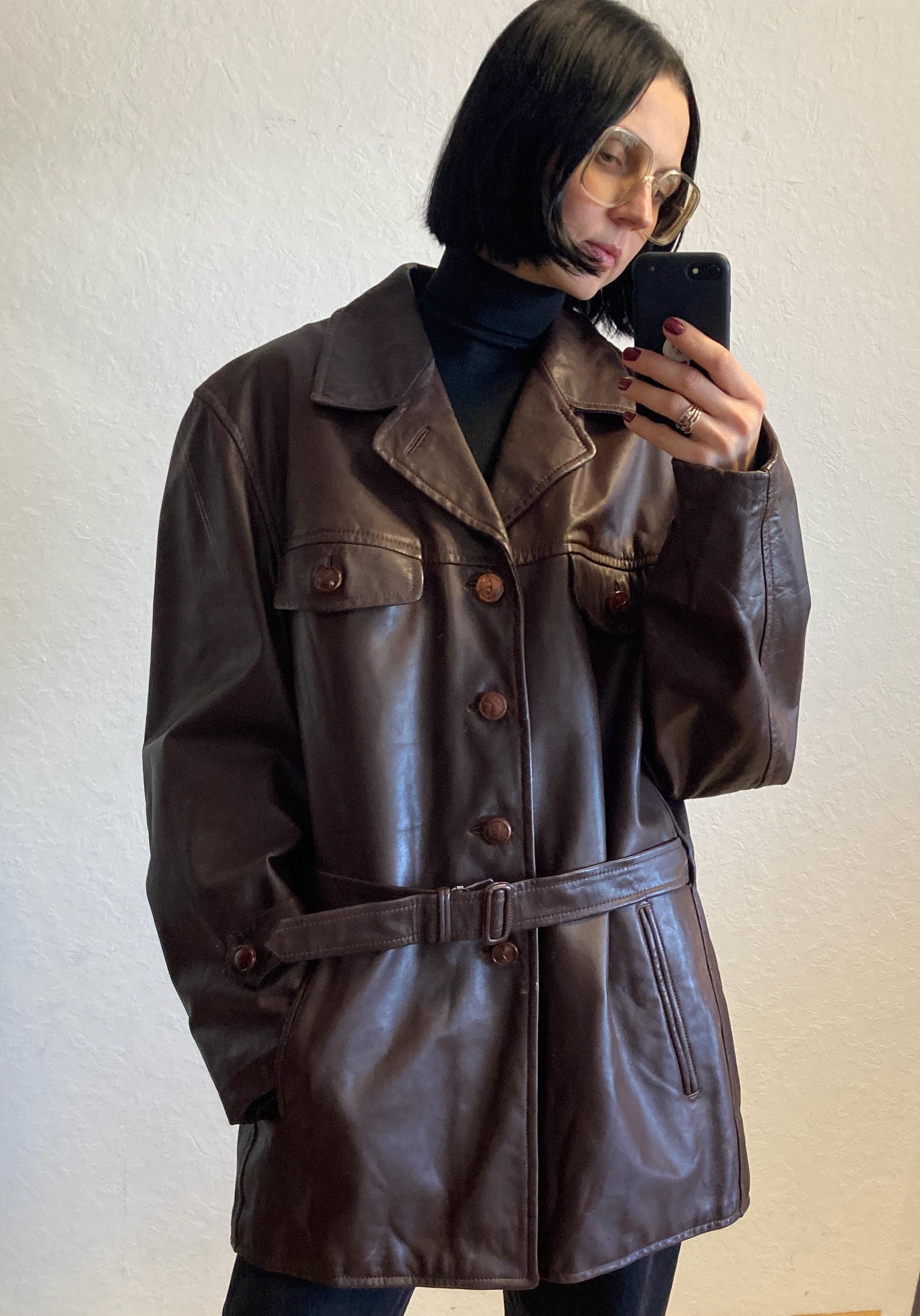 通販 Vintage Oversized Jacket Coat Trench Leather Brown Short ジャケット・アウター