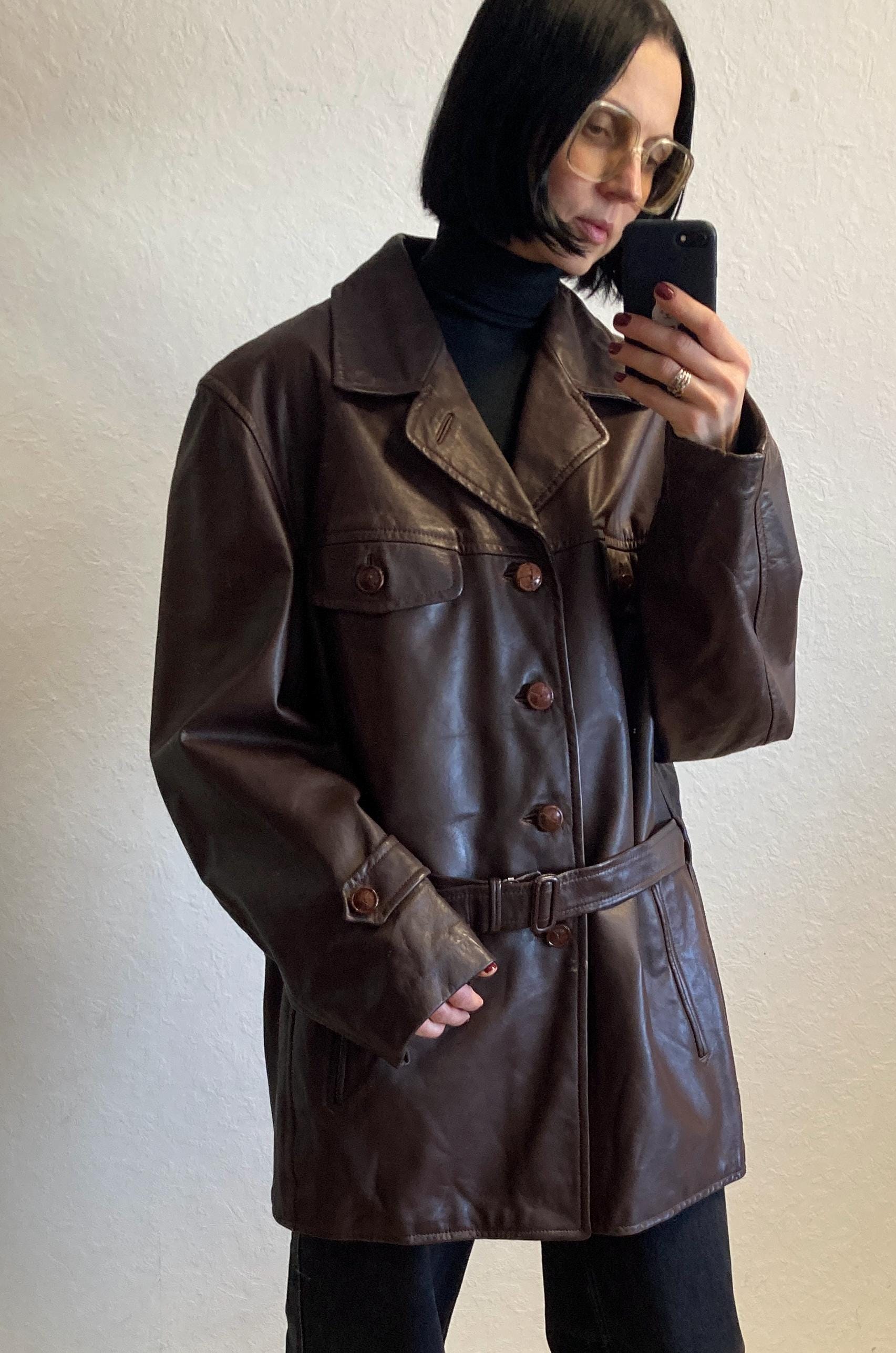 ジャケット・アウター vintage real leather trench coat Vintage Brown Leather Trench Coat: 1970s Ulvila Oversized Jacket