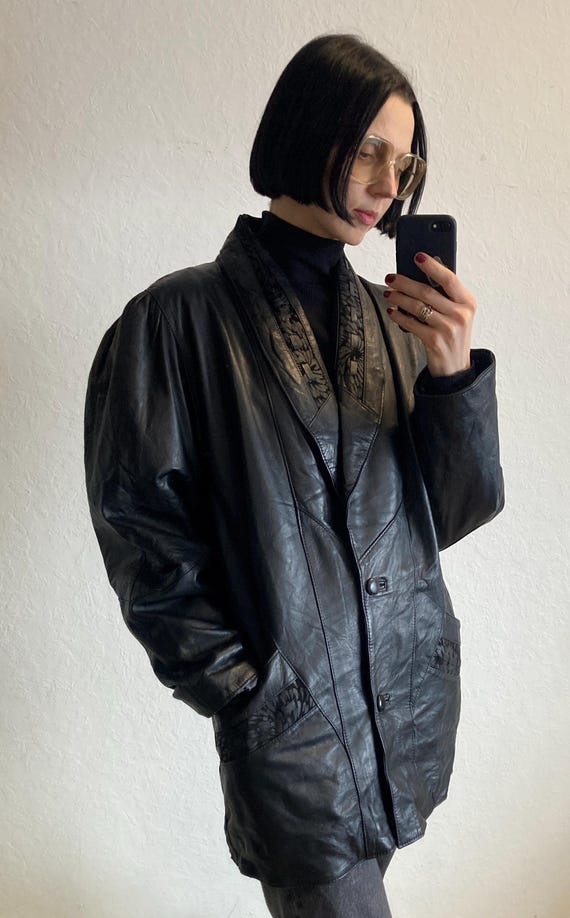 Vintage Schwarze Oversized Ledermantel Blazer Jacke Mit Warmem