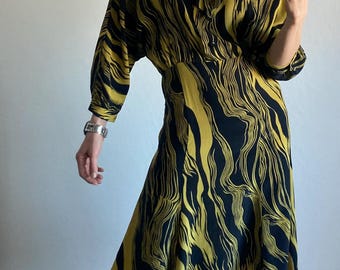 Vintage Black and Yellow Silk Dress - Size S