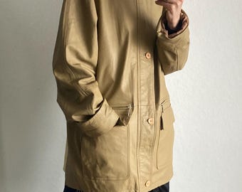 Vintage Butter Yellow Leather Coat Jacket - Size L/XL